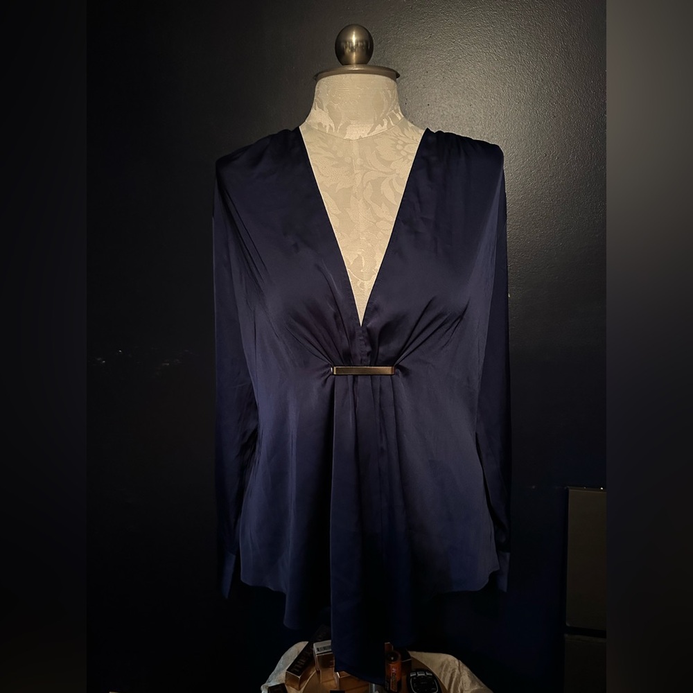 Express Vintage Navy Purple Pleated Long Sleeve Blouse Size Large